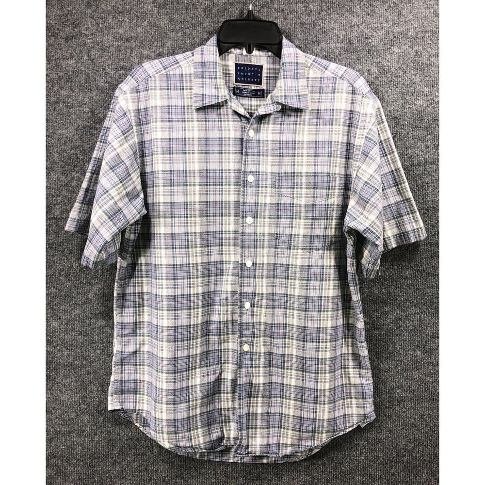Fridays By Cluett Shirt Men's Size M‎ Blue Short Sleeve Button Up Collar Plaid
